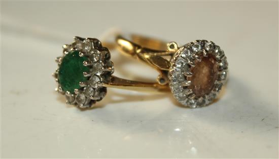 An 18ct gold and brown topaz and diamond cluster ring, and a 18ct gold emerald and diamond cluster ring